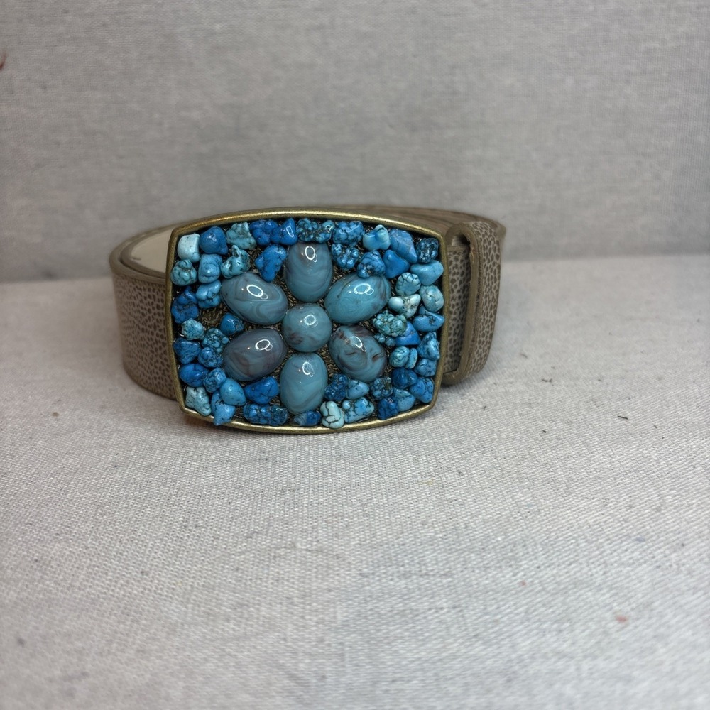Elite Accessories Beige‎ Leather Belt Size Small Turquoise Bead Buckle Western